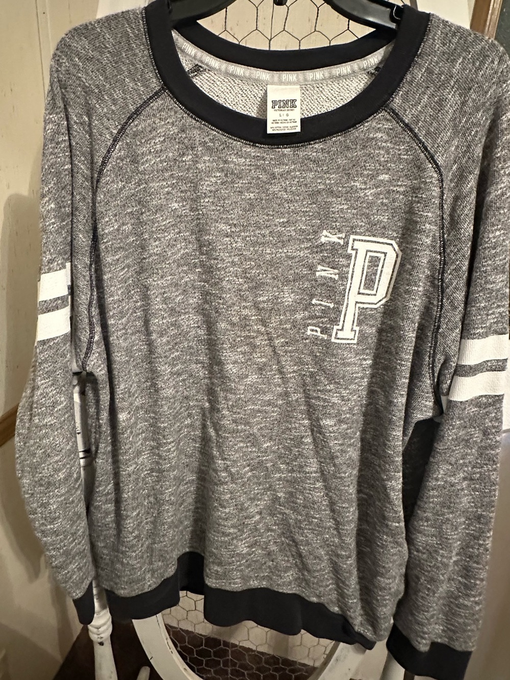 PINK Victoria's Secret Gray Crewneck Sweater with White Stripes